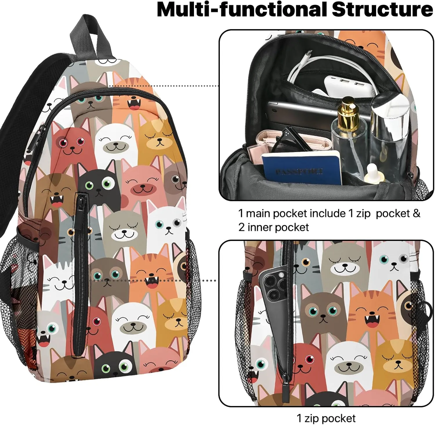 FyLybois Cat Sling Bag Travel Crossbody Backpack for Women Casual Chest Bags for Running Hiking Cycling