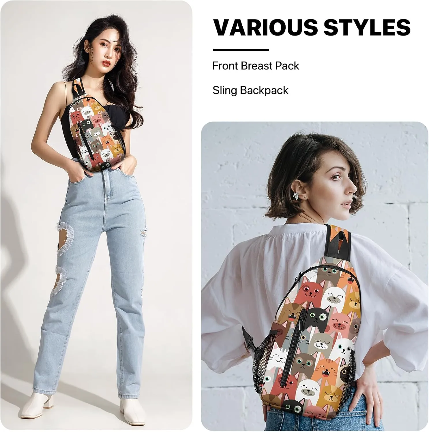 FyLybois Cat Sling Bag Travel Crossbody Backpack for Women Casual Chest Bags for Running Hiking Cycling