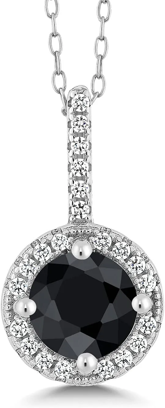 Gem Stone King 1.41 Cttw Round Black Sapphire 925 Sterling Silver Pendant Necklace For Women | Gemstone Birthstone | With 18 Inch Chain