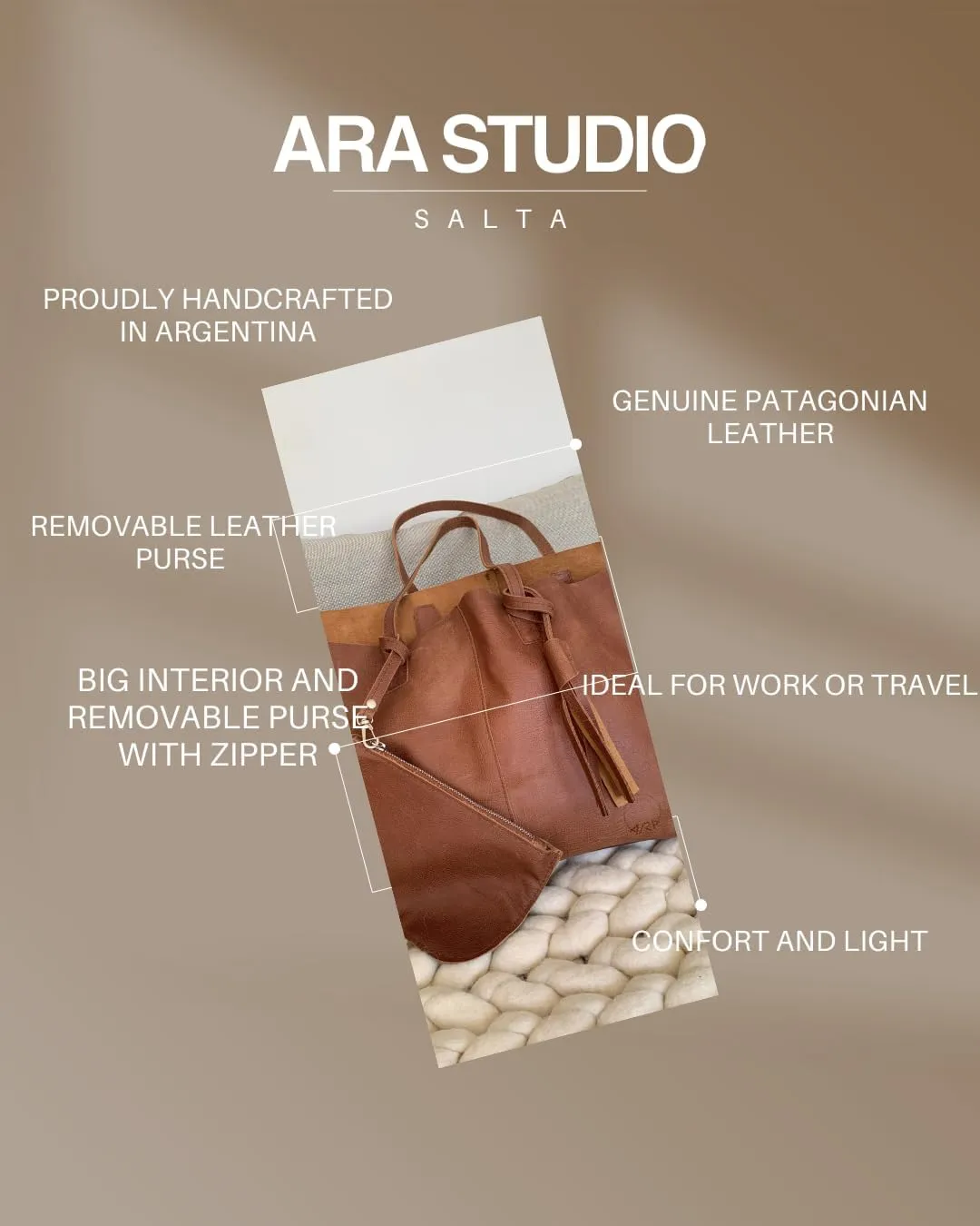 Genuine Leather Handbags Bags, Handcrafted by Skilled Argentine Hands with Patagonian Sourced Leather - Salta
