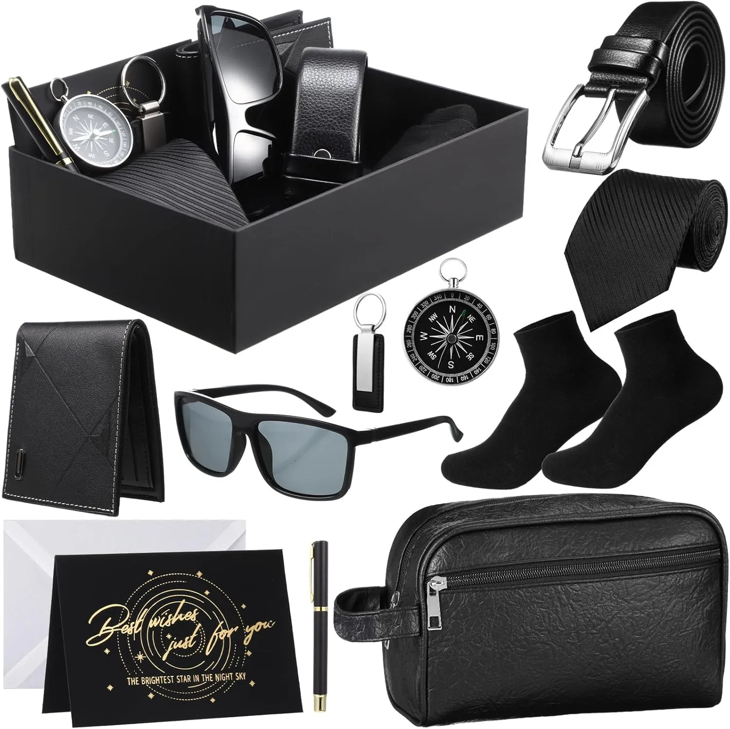 Geyoga 12 Pcs Men Birthdays Gift Set with Box for Men Dad Basket PU Leather Wallet Leather Toiletry Bag Tie Socks Belt Keychain Sunglasses Pen Compass Set for Father's Day