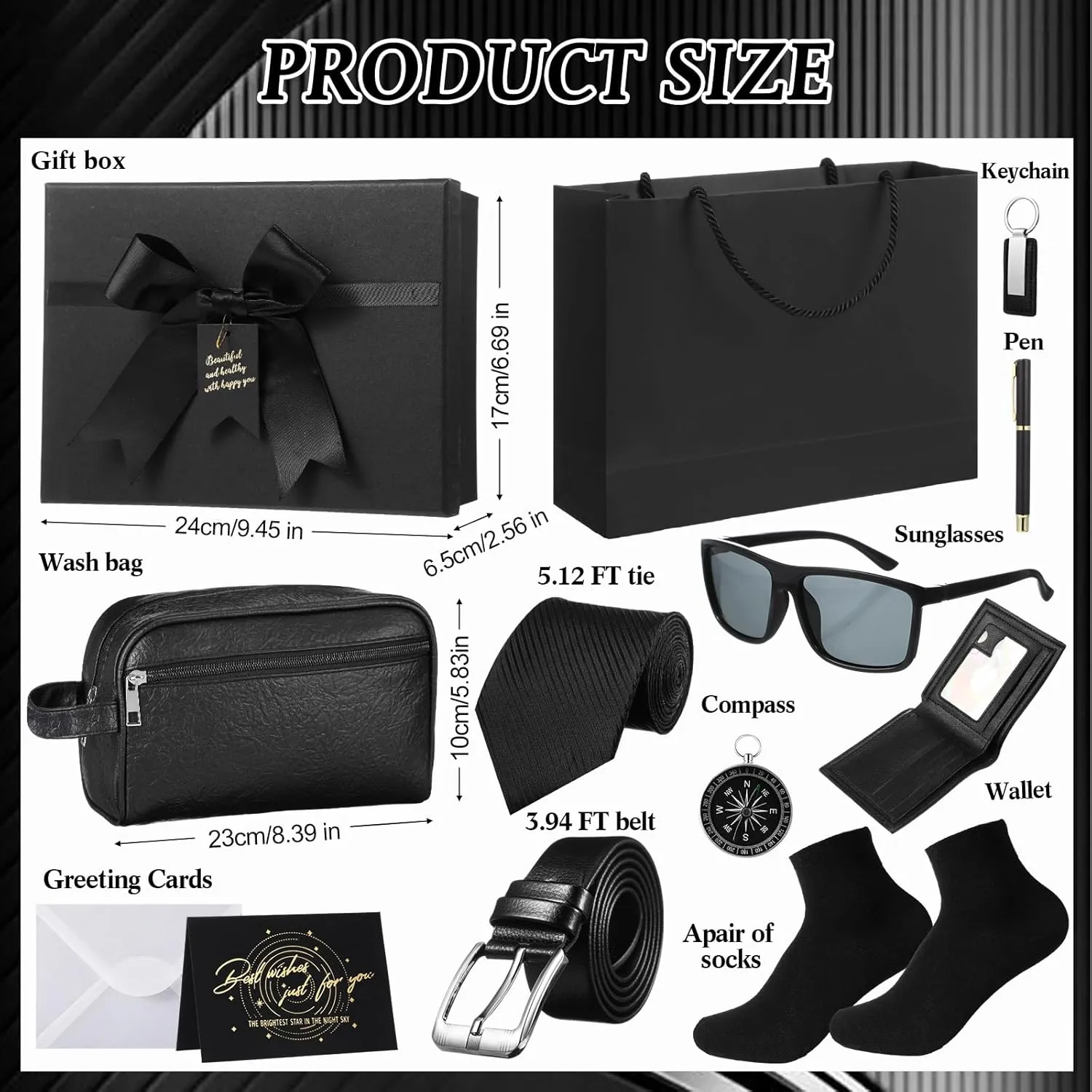Geyoga 12 Pcs Men Birthdays Gift Set with Box for Men Dad Basket PU Leather Wallet Leather Toiletry Bag Tie Socks Belt Keychain Sunglasses Pen Compass Set for Father's Day