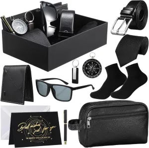 Geyoga 12 Pcs Men Birthdays Gift Set with Box for Men Dad Basket PU Leather Wallet Leather Toiletry Bag Tie Socks Belt Keychain Sunglasses Pen Compass Set for Father's Day