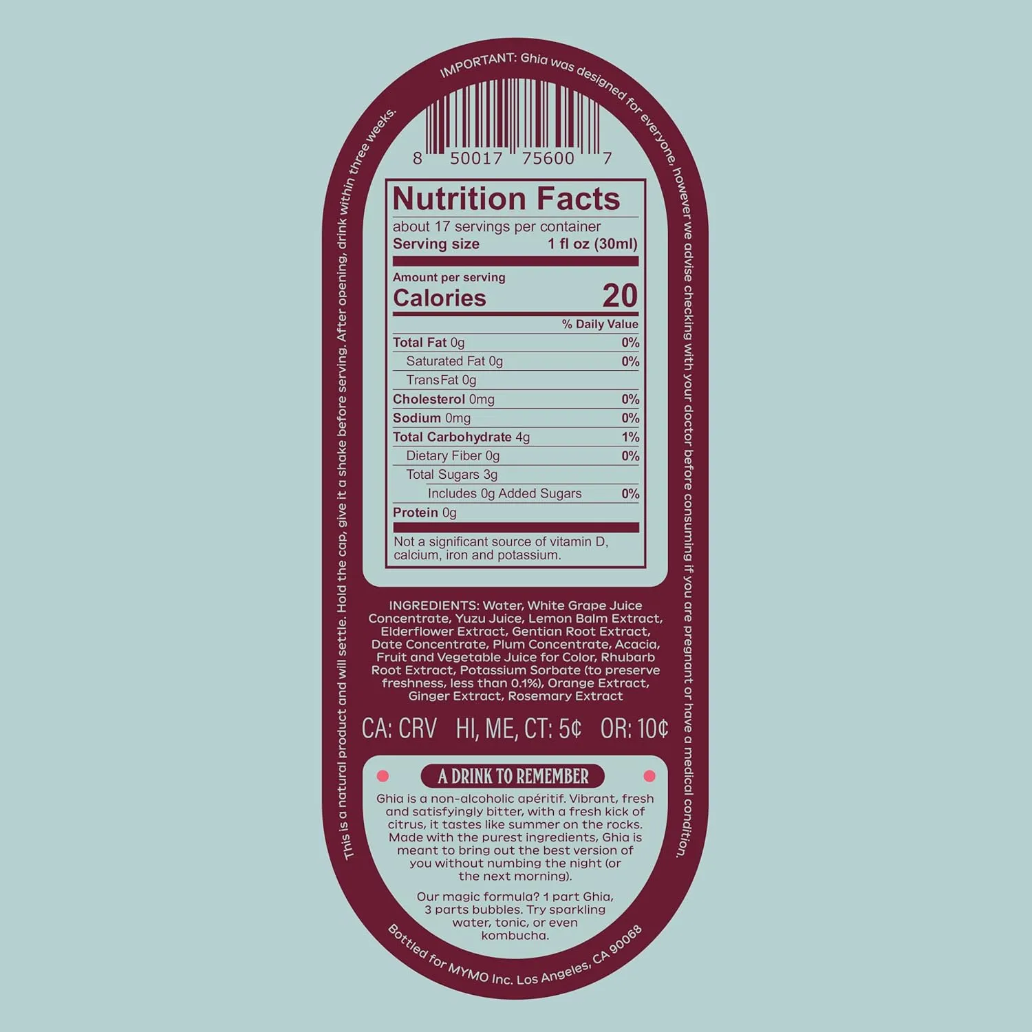 Ghia Non-Alcoholic Apéritif - 500ml | Botanical Mediterranean-Inspired Spirit Cocktail Mixer with Notes of Citrus, Rosemary & Bitter Herbs - Vegan, No Added Sugar, No Artificial Flavors, Caffeine-Free