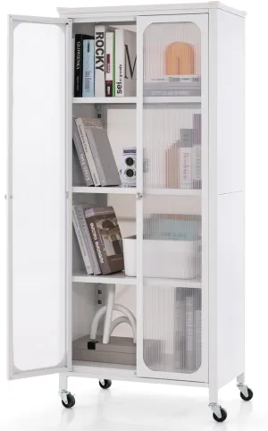 Giantex Bookcase with Doors, 58" Tall 4-Tier Bookshelf with Wheels, Adjustable Shelves, Heavy Duty Metal Frame, Freestanding Display Storage Cabinet for Living Room Bedroom Kitchen Pantry (White)