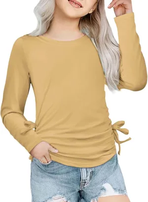 Girls Long Sleeve Side Tie Ruched Top Lightweight Cotton Crewneck Casual Daily Shirt School Stylish Outfits Leisure