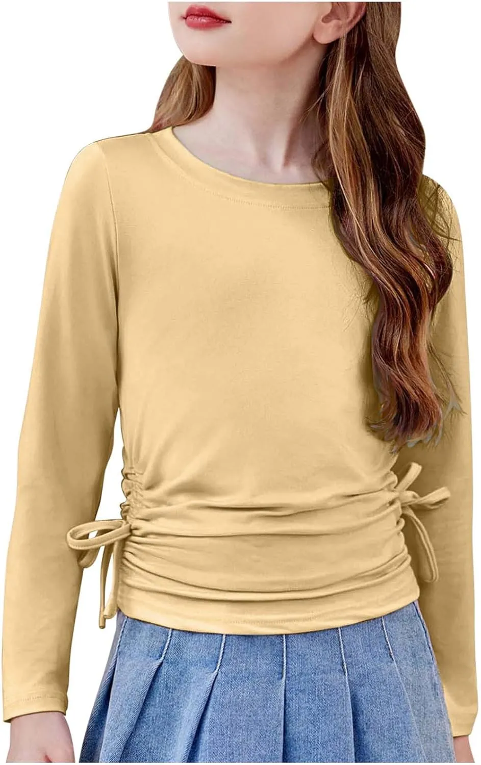 Girls Long Sleeve Side Tie Ruched Top Lightweight Cotton Crewneck Casual Daily Shirt School Stylish Outfits Leisure