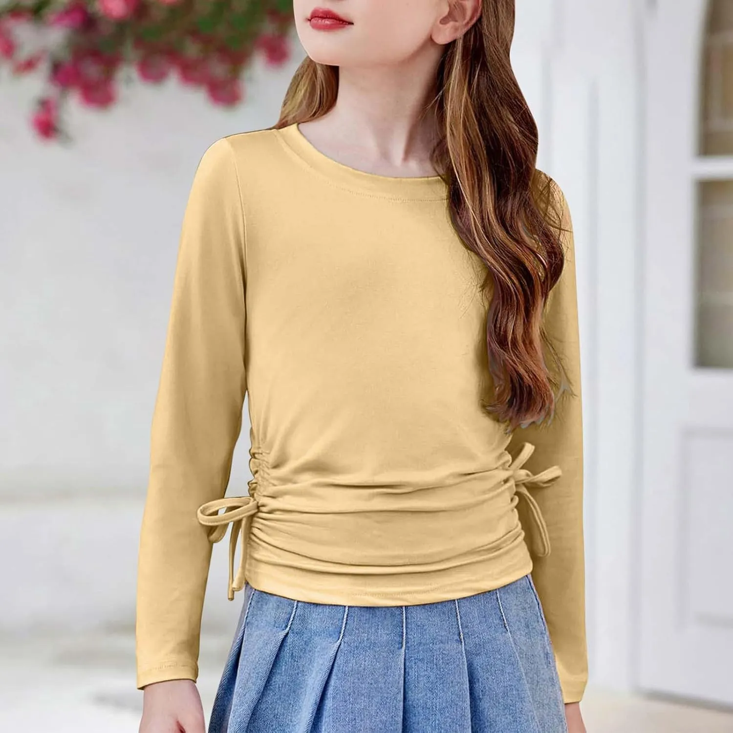 Girls Long Sleeve Side Tie Ruched Top Lightweight Cotton Crewneck Casual Daily Shirt School Stylish Outfits Leisure
