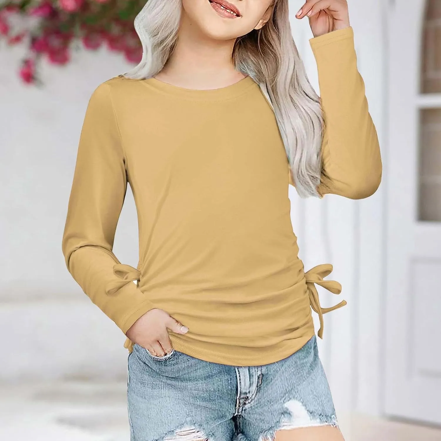 Girls Long Sleeve Side Tie Ruched Top Lightweight Cotton Crewneck Casual Daily Shirt School Stylish Outfits Leisure