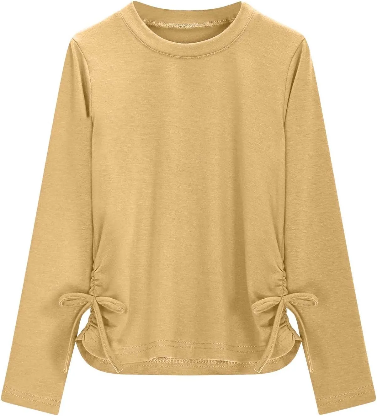 Girls Long Sleeve Side Tie Ruched Top Lightweight Cotton Crewneck Casual Daily Shirt School Stylish Outfits Leisure