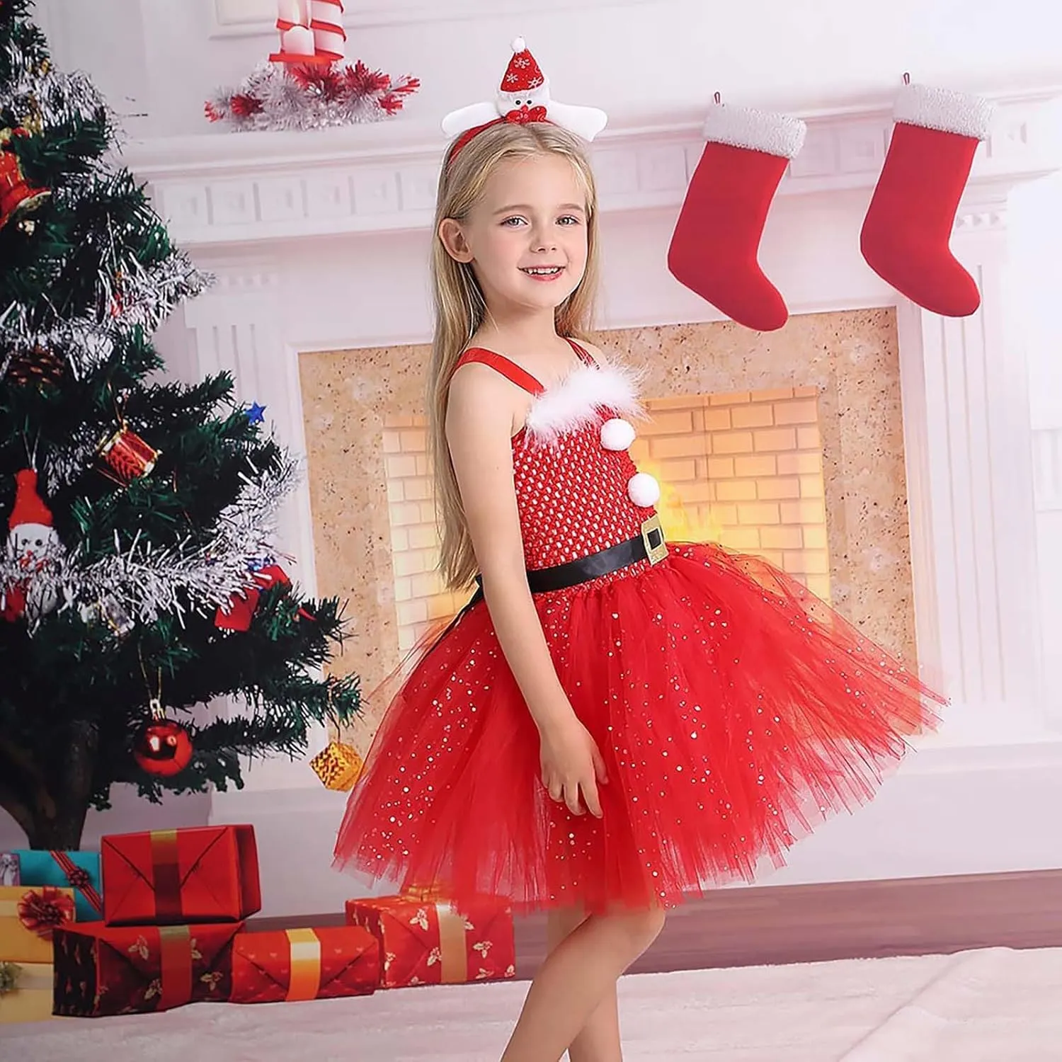 Girls Tulle Christmas Dress Kids Christmas Costumes Sparkling Sleeveless Tutu Dress with Headband Xmas Dress Up Outfit
