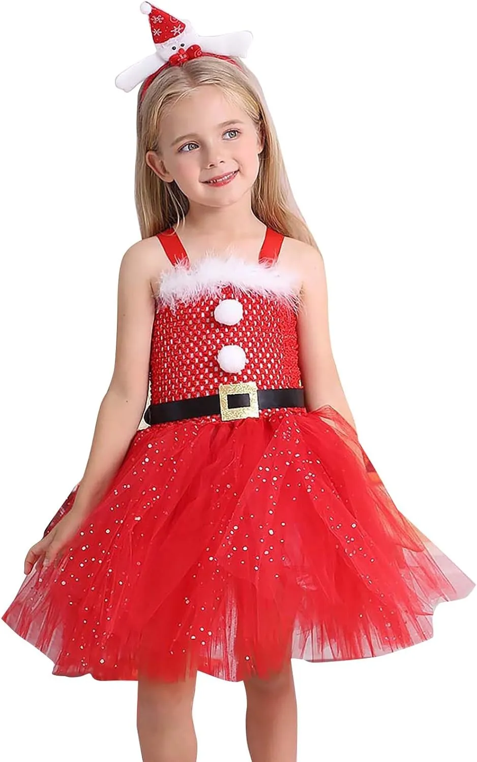 Girls Tulle Christmas Dress Kids Christmas Costumes Sparkling Sleeveless Tutu Dress with Headband Xmas Dress Up Outfit