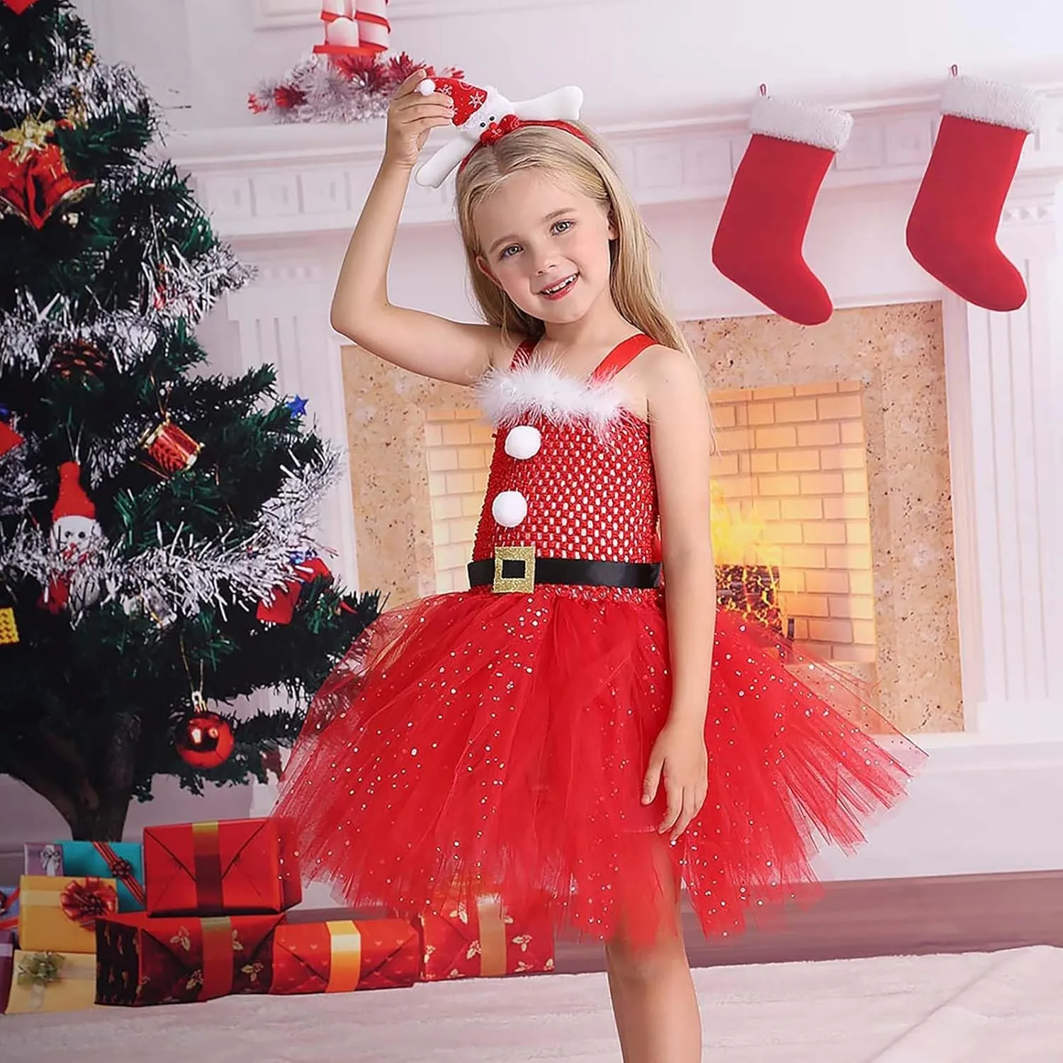 Girls Tulle Christmas Dress Kids Christmas Costumes Sparkling Sleeveless Tutu Dress with Headband Xmas Dress Up Outfit