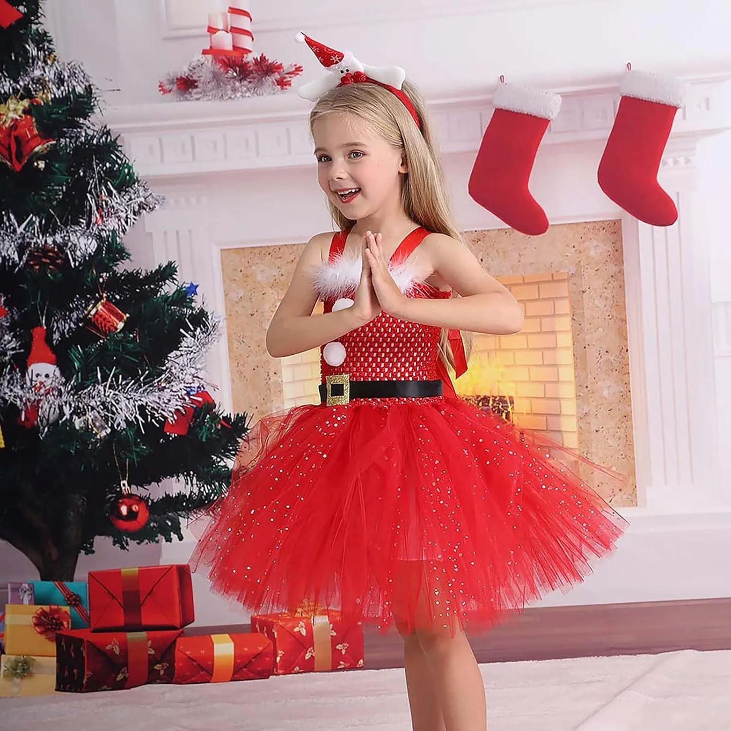 Girls Tulle Christmas Dress Kids Christmas Costumes Sparkling Sleeveless Tutu Dress with Headband Xmas Dress Up Outfit