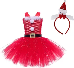 Girls Tulle Christmas Dress Kids Christmas Costumes Sparkling Sleeveless Tutu Dress with Headband Xmas Dress Up Outfit