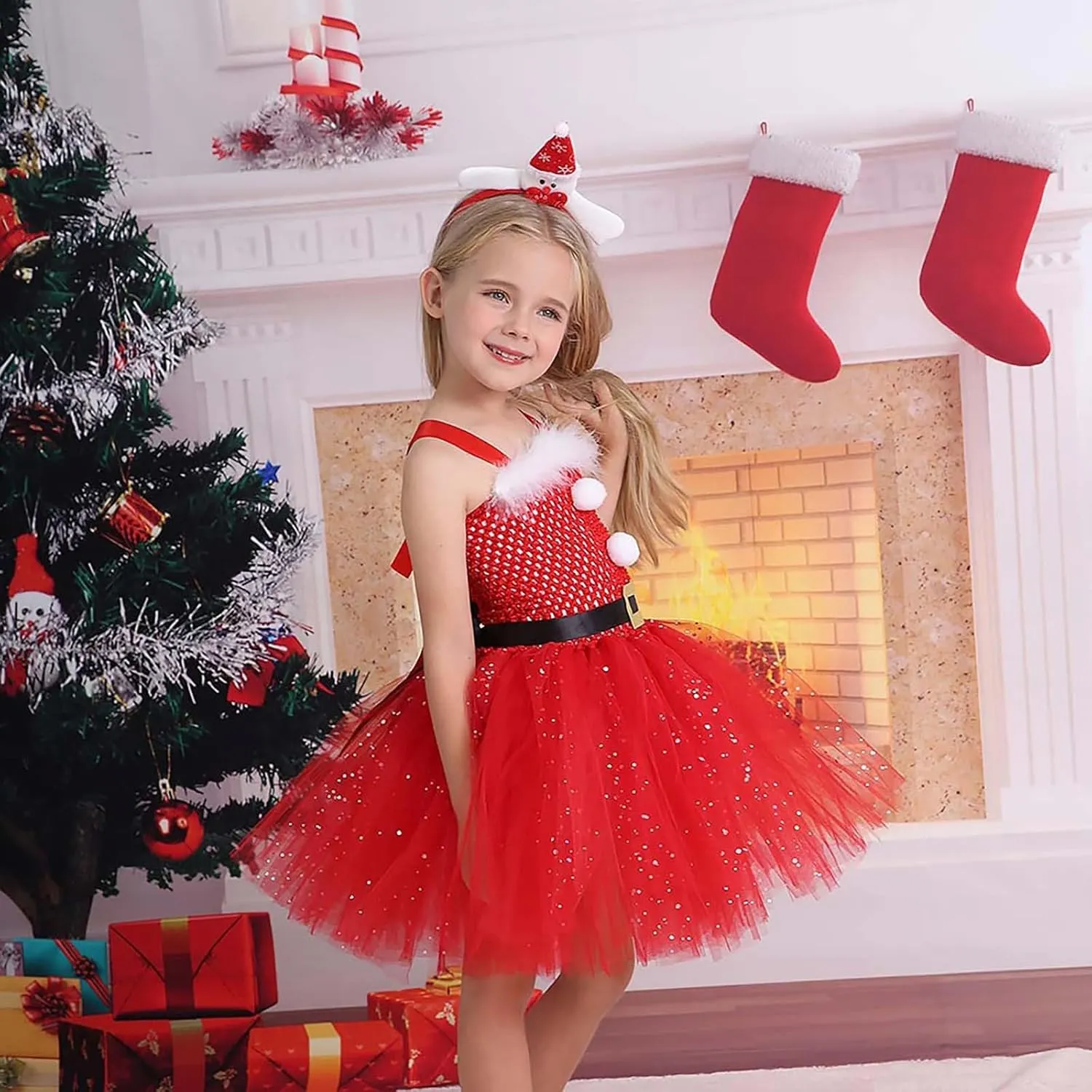 Girls Tulle Christmas Dress Kids Christmas Costumes Sparkling Sleeveless Tutu Dress with Headband Xmas Dress Up Outfit