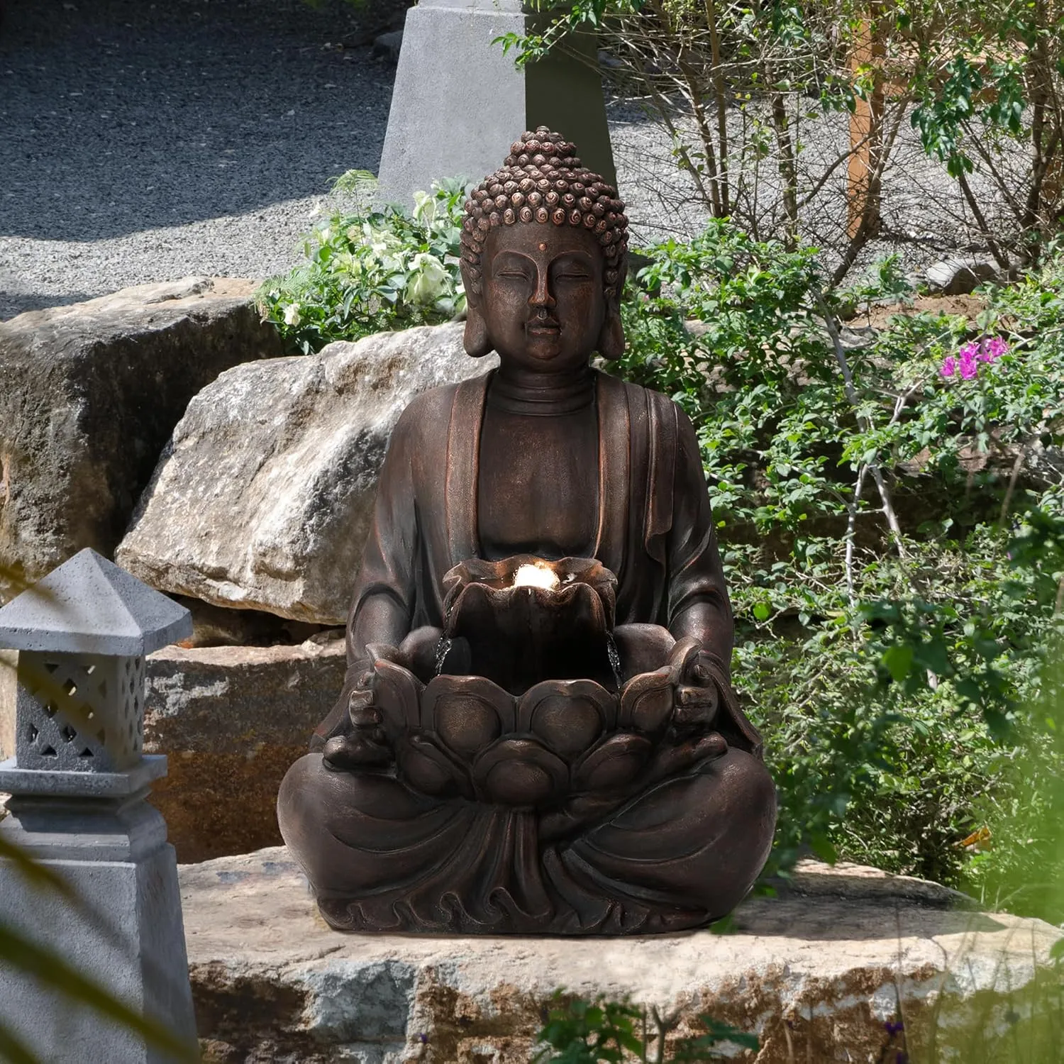 Glitzhome Buddha Fountain with Pump & LED Light, 2 Tier Zen Style Meditating Buddha Water Fountain Outdoor Fountains and Waterfalls Floor Fountains Buddhas Statues for Garden Patio Backyard 23" H