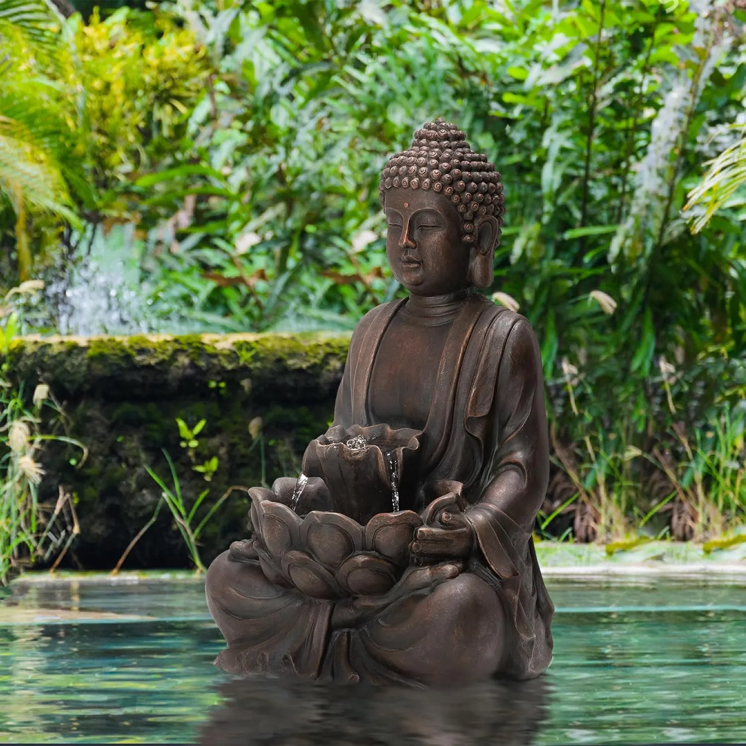Glitzhome Buddha Fountain with Pump & LED Light, 2 Tier Zen Style Meditating Buddha Water Fountain Outdoor Fountains and Waterfalls Floor Fountains Buddhas Statues for Garden Patio Backyard 23" H