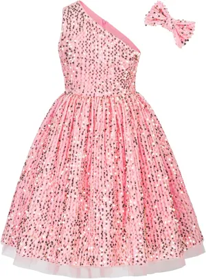 GRACE KARIN Girls Sequin Dress One Shoulder Wedding Party Gown with Hair Bow 5-12Y