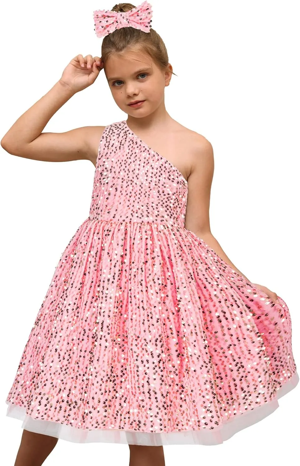 GRACE KARIN Girls Sequin Dress One Shoulder Wedding Party Gown with Hair Bow 5-12Y