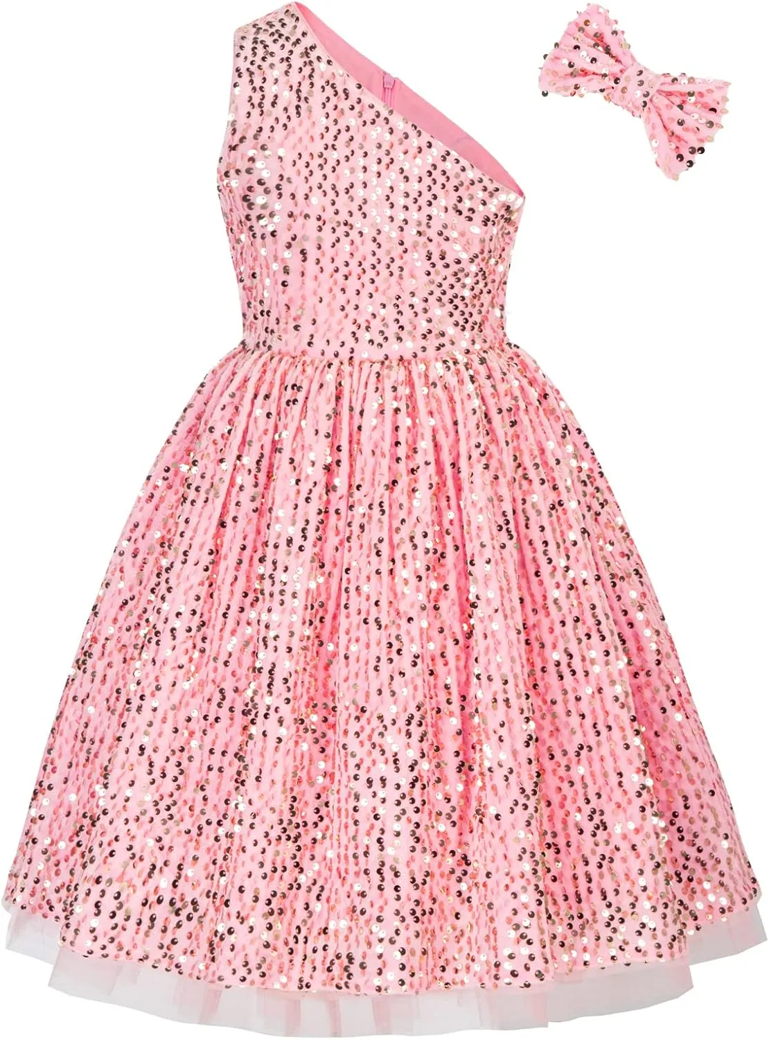 GRACE KARIN Girls Sequin Dress One Shoulder Wedding Party Gown with Hair Bow 5-12Y