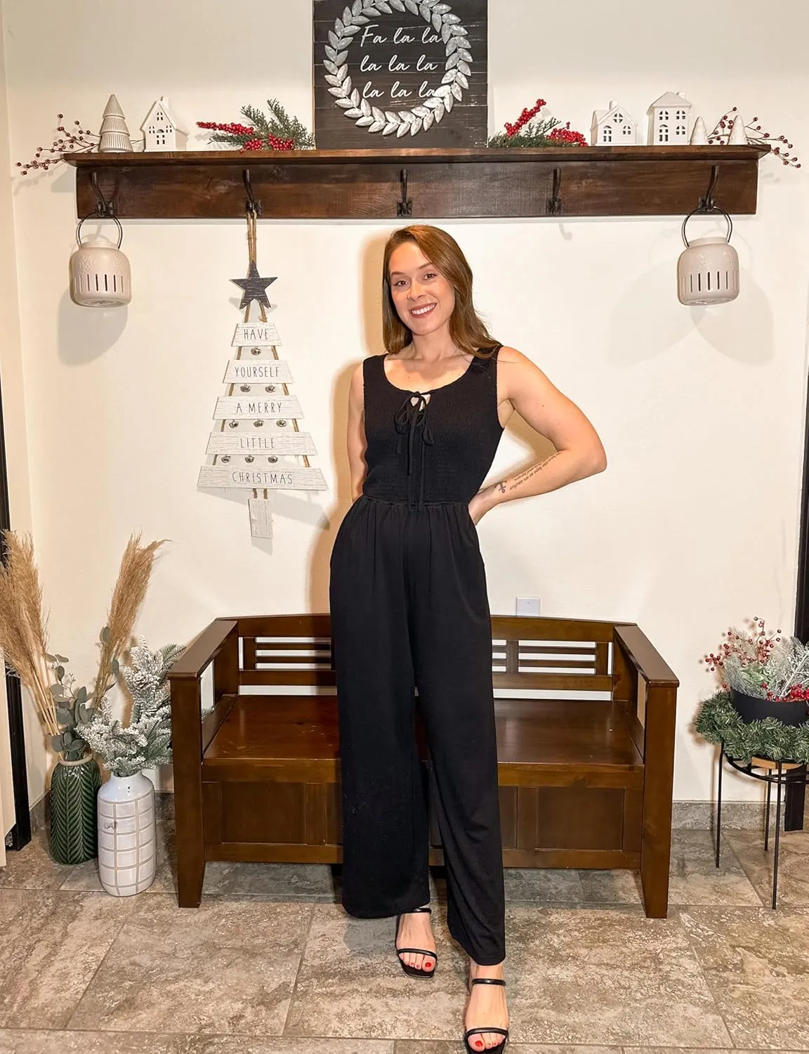 GRACE KARIN Jumpsuits for Women Bow Tie Front Overalls Smocked Tops Wide Legs Casual Knitted Outfits with Pockets