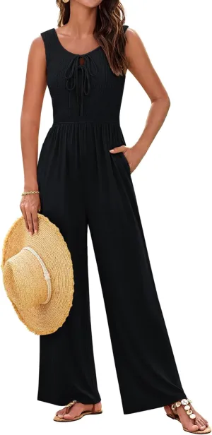 GRACE KARIN Jumpsuits for Women Bow Tie Front Overalls Smocked Tops Wide Legs Casual Knitted Outfits with Pockets