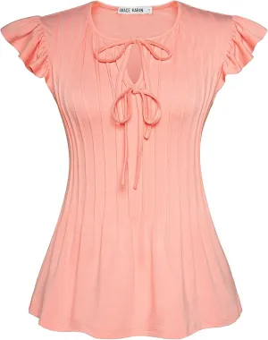 GRACE KARIN Women's Ruffle Cap Sleeve Tunics Summer Tie Front Dressy Casual Blouse Elegant Work Tops for Women 2025