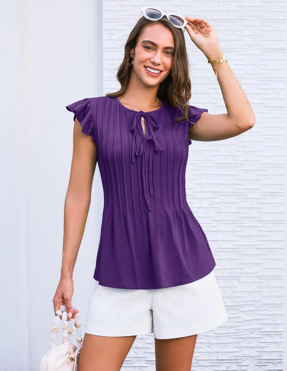 GRACE KARIN Women's Ruffle Cap Sleeve Tunics Summer Tie Front Dressy Casual Blouse Elegant Work Tops for Women 2025