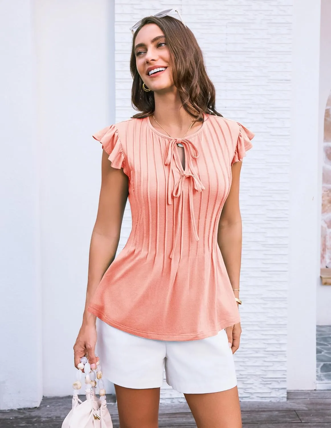GRACE KARIN Women's Ruffle Cap Sleeve Tunics Summer Tie Front Dressy Casual Blouse Elegant Work Tops for Women 2025