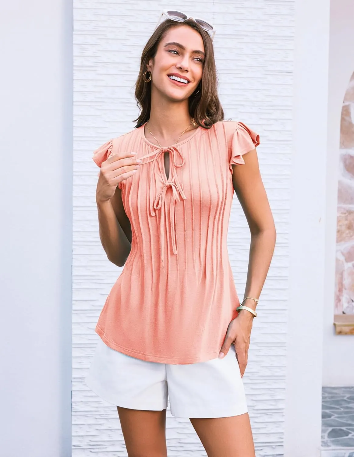 GRACE KARIN Women's Ruffle Cap Sleeve Tunics Summer Tie Front Dressy Casual Blouse Elegant Work Tops for Women 2025