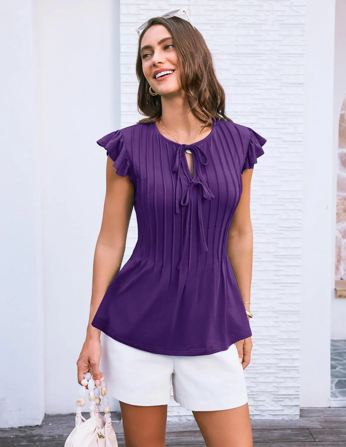 GRACE KARIN Women's Ruffle Cap Sleeve Tunics Summer Tie Front Dressy Casual Blouse Elegant Work Tops for Women 2025
