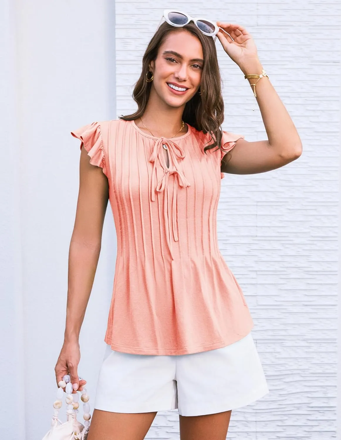GRACE KARIN Women's Ruffle Cap Sleeve Tunics Summer Tie Front Dressy Casual Blouse Elegant Work Tops for Women 2025