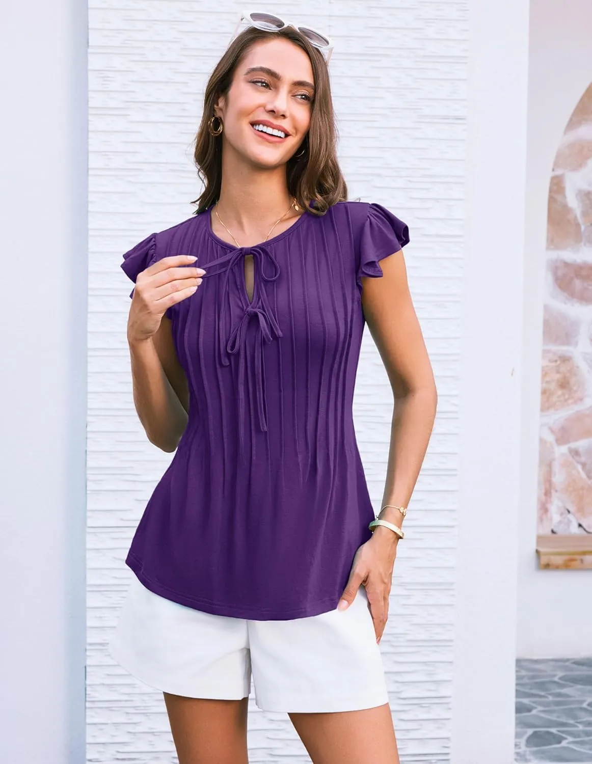 GRACE KARIN Women's Ruffle Cap Sleeve Tunics Summer Tie Front Dressy Casual Blouse Elegant Work Tops for Women 2025