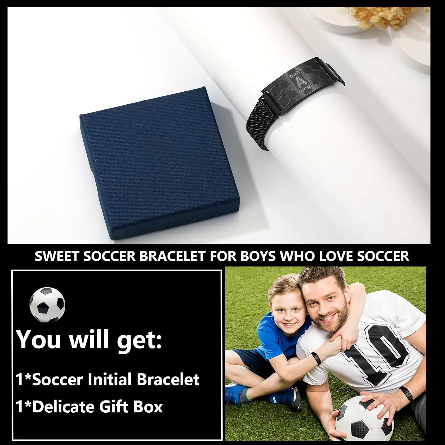 Graduation Gifts for him Soccer Initial Bracelet Black/Sliver/Gold Stainless Steel A-Z Letter Charm Bracelets Adjustable Wristbands Soccer Gifts Idea for Players Team Lovers Men Dad