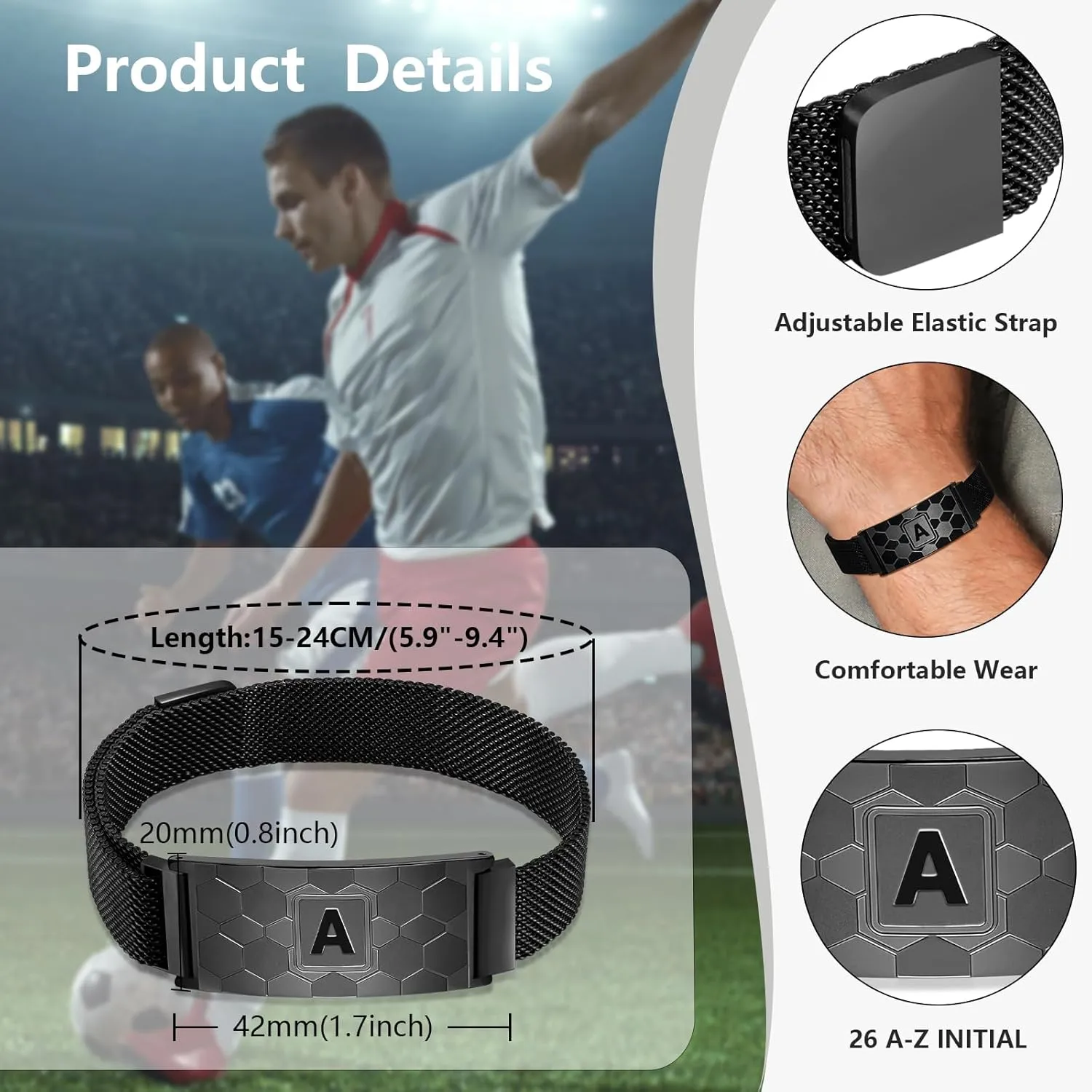 Graduation Gifts for him Soccer Initial Bracelet Black/Sliver/Gold Stainless Steel A-Z Letter Charm Bracelets Adjustable Wristbands Soccer Gifts Idea for Players Team Lovers Men Dad