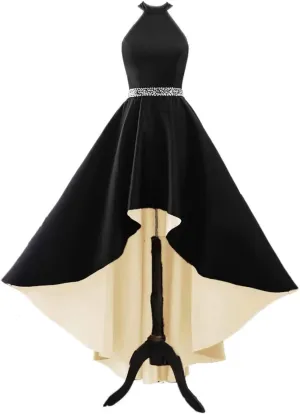 Halter Satin Prom Dresses for Women High Low Ball Gowns Beaded A-line Formal Dress Wedding Party Gown with Pockets