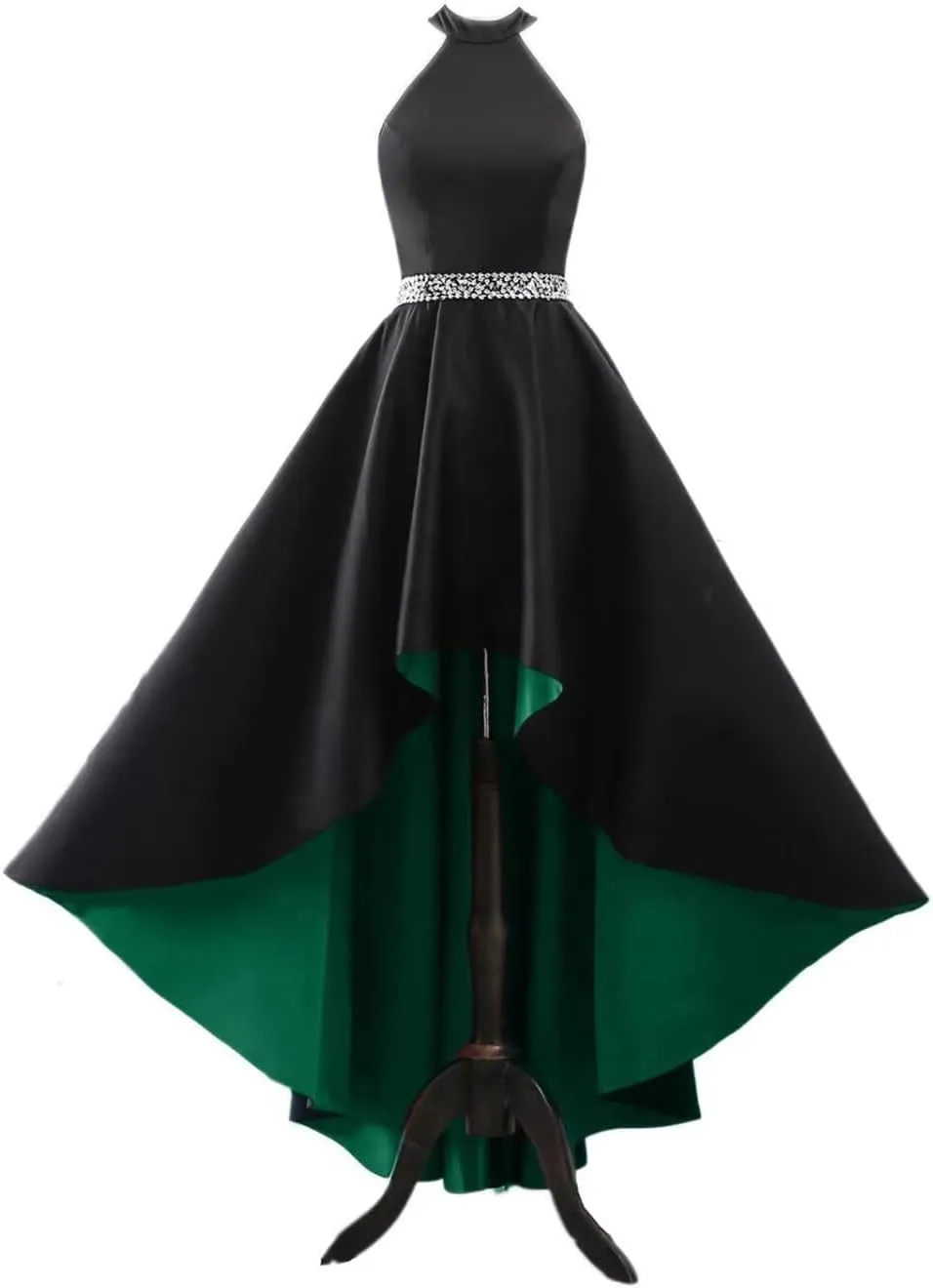 Halter Satin Prom Dresses for Women High Low Ball Gowns Beaded A-line Formal Dress Wedding Party Gown with Pockets