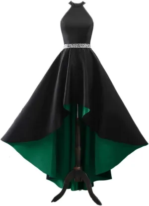 Halter Satin Prom Dresses for Women High Low Ball Gowns Beaded A-line Formal Dress Wedding Party Gown with Pockets