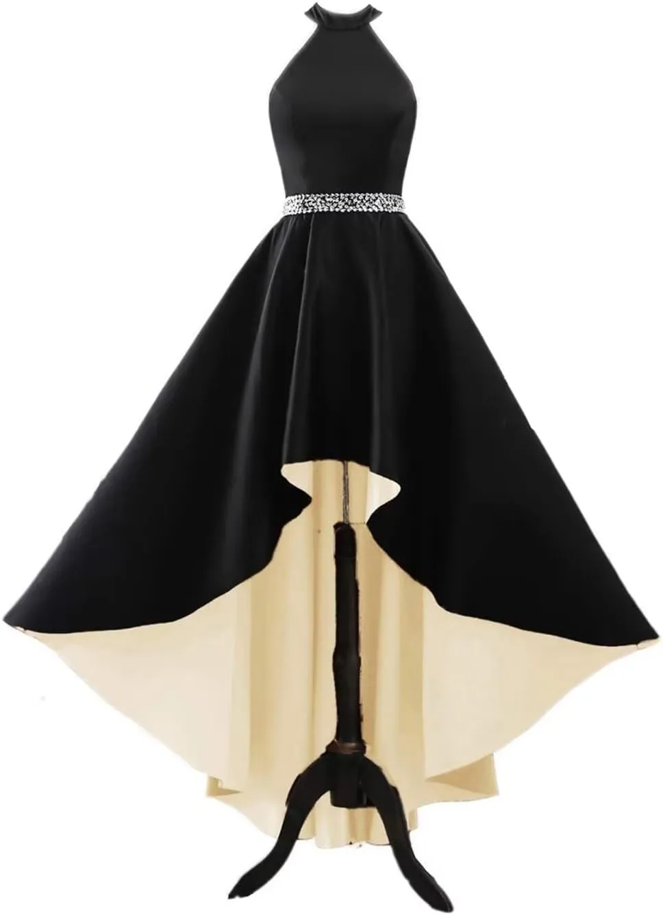 Halter Satin Prom Dresses for Women High Low Ball Gowns Beaded A-line Formal Dress Wedding Party Gown with Pockets