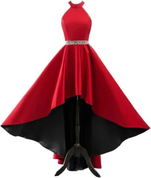 Halter Satin Prom Dresses for Women High Low Ball Gowns Beaded A-line Formal Dress Wedding Party Gown with Pockets