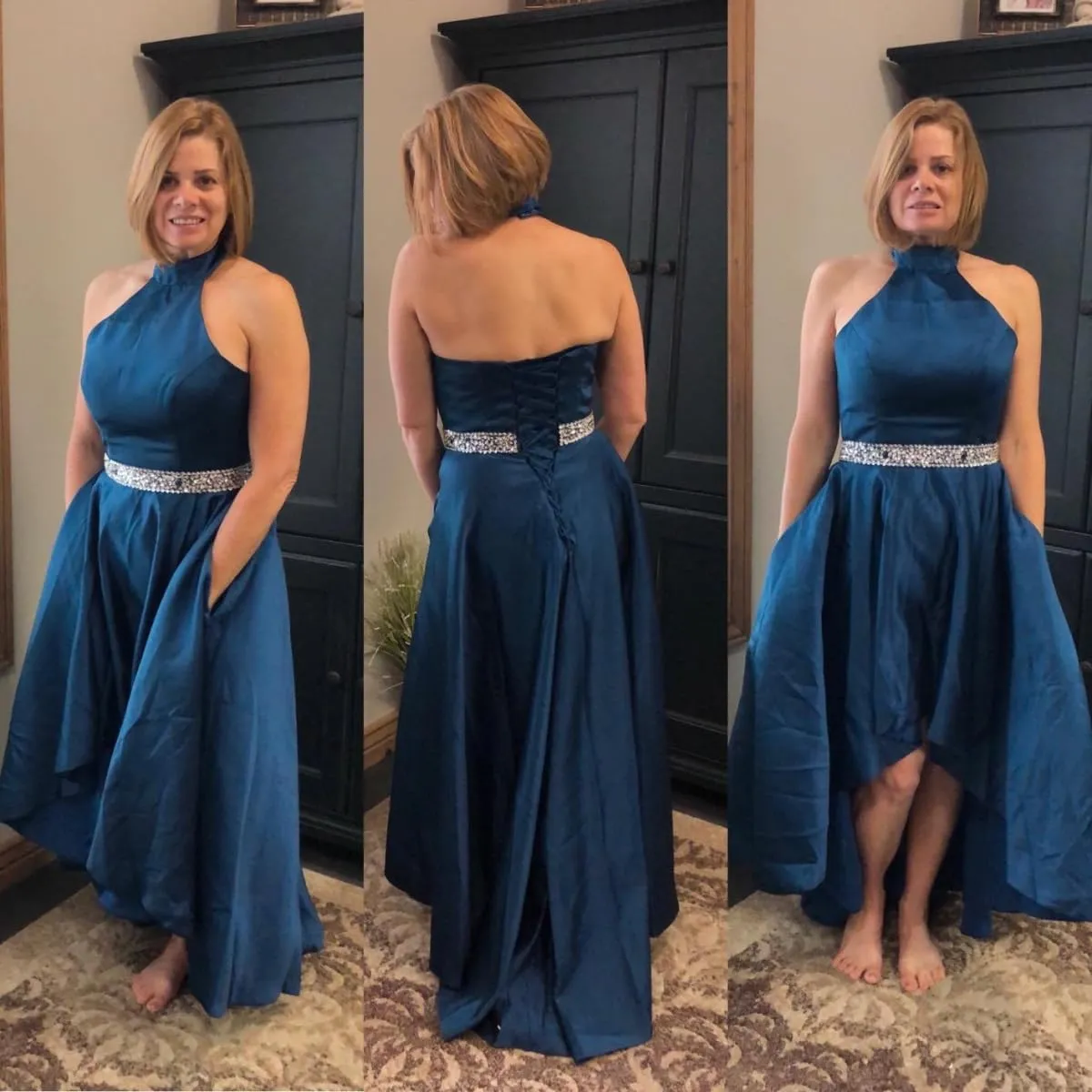 Halter Satin Prom Dresses for Women High Low Ball Gowns Beaded A-line Formal Dress Wedding Party Gown with Pockets