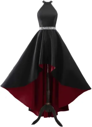 Halter Satin Prom Dresses for Women High Low Ball Gowns Beaded A-line Formal Dress Wedding Party Gown with Pockets