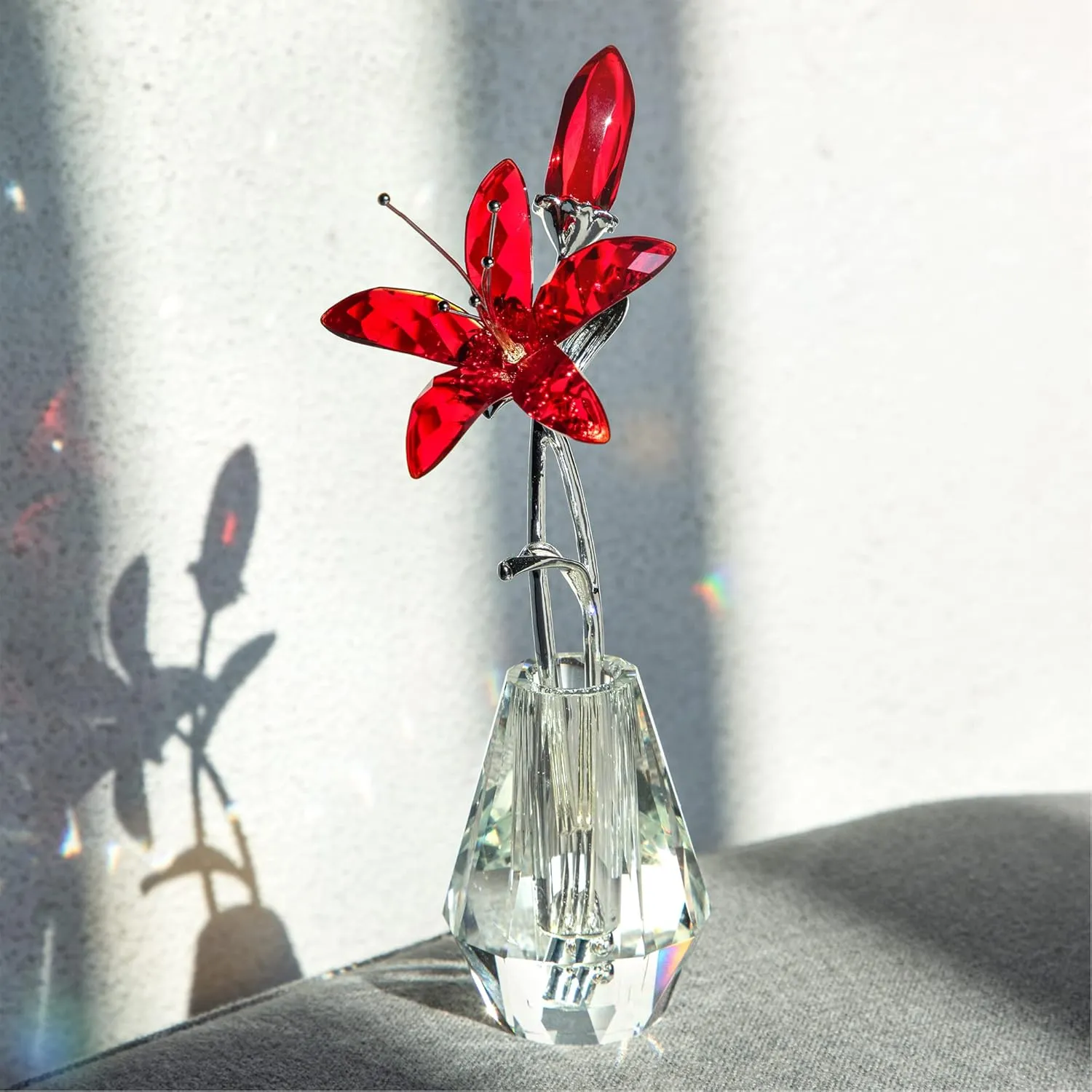 H&D HYALINE & DORA Crystal Calla Lily Flower Figurine Collectible Wedding Bouquets with Crystal Vase for Home Wedding Party Decor, Red Flower with Sliver Metal Stem