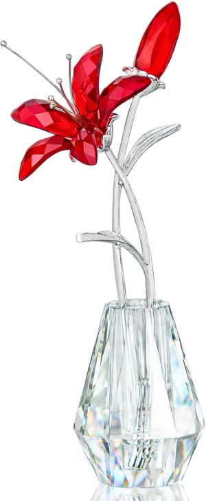 H&D HYALINE & DORA Crystal Calla Lily Flower Figurine Collectible Wedding Bouquets with Crystal Vase for Home Wedding Party Decor, Red Flower with Sliver Metal Stem