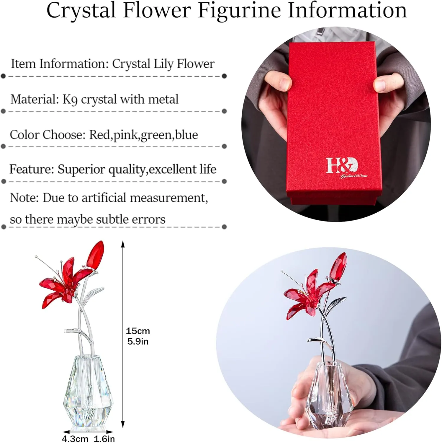 H&D HYALINE & DORA Crystal Calla Lily Flower Figurine Collectible Wedding Bouquets with Crystal Vase for Home Wedding Party Decor, Red Flower with Sliver Metal Stem