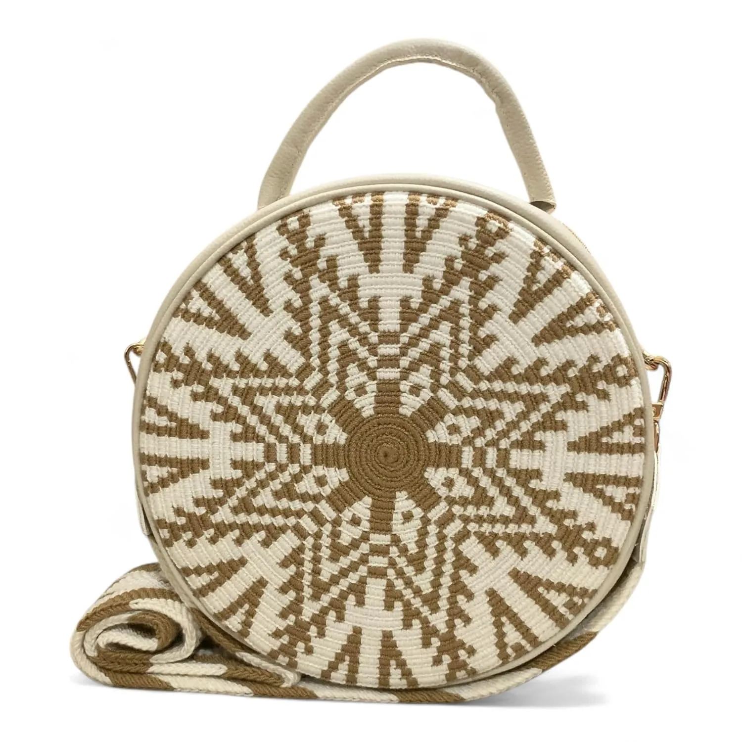 Handcrafted Leather Crossbody Bag for Women - Elegant Leather Bags with Unique Wayuu Weaving - Versatile Genuine Leather Crossbody Bag - Premium Colombian Materials and Design - Beige Bag with Gold