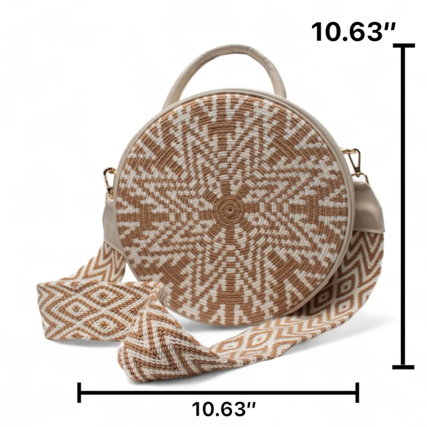 Handcrafted Leather Crossbody Bag for Women - Elegant Leather Bags with Unique Wayuu Weaving - Versatile Genuine Leather Crossbody Bag - Premium Colombian Materials and Design - Beige Bag with Gold