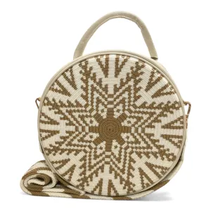 Handcrafted Leather Crossbody Bag for Women - Elegant Leather Bags with Unique Wayuu Weaving - Versatile Genuine Leather Crossbody Bag - Premium Colombian Materials and Design - Beige Bag with Gold