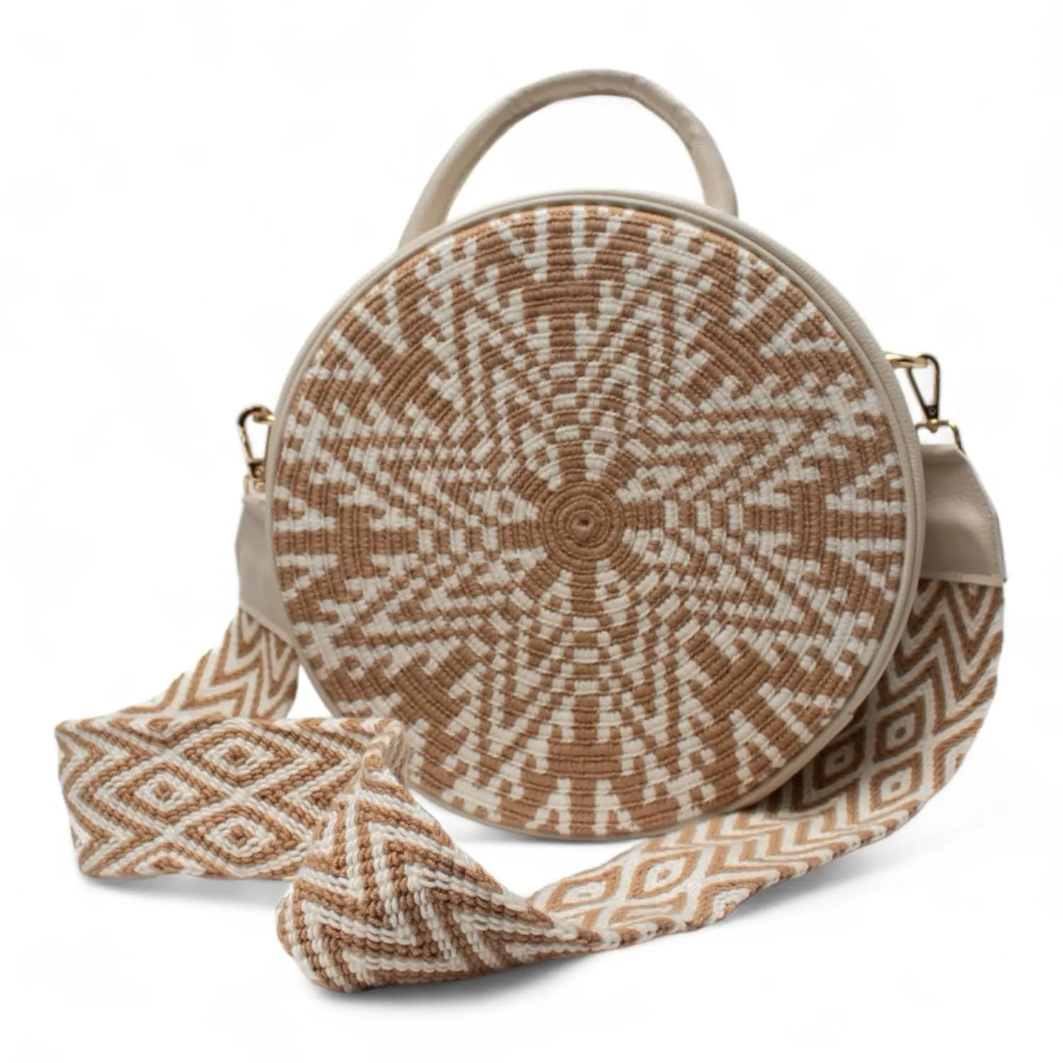 Handcrafted Leather Crossbody Bag for Women - Elegant Leather Bags with Unique Wayuu Weaving - Versatile Genuine Leather Crossbody Bag - Premium Colombian Materials and Design - Beige Bag with Gold